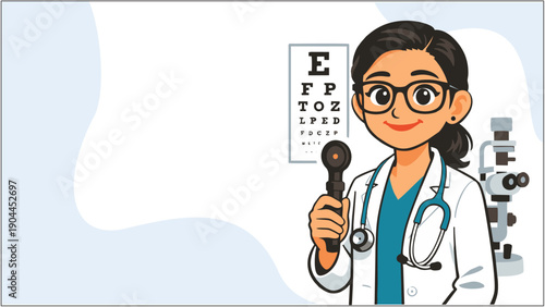 Female Eye Doctor Holding Vision Test Occluder in Eye Clinic Cartoon Illustration