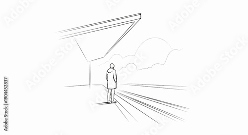 A person stands on a platform looking out at distant lines under a shelter