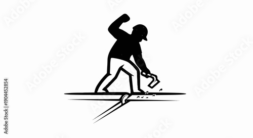 A silhouetted figure swings a hammer at a metal object on a surface