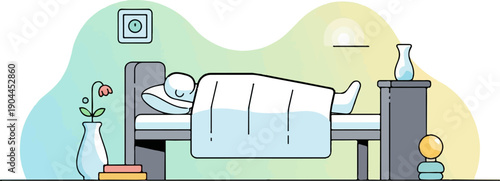 A person sleeps soundly in bed with a pillow, blanket, and a flower vase nearby