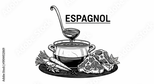 A ladle pours soup into a pot, with meat and carrots beside it