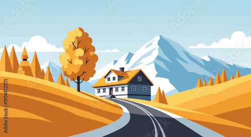 A lonely house sits on a hill with mountains in the distance during autumn