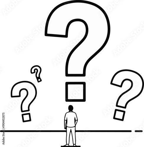 A person stands contemplating large question marks representing uncertainty and confusion