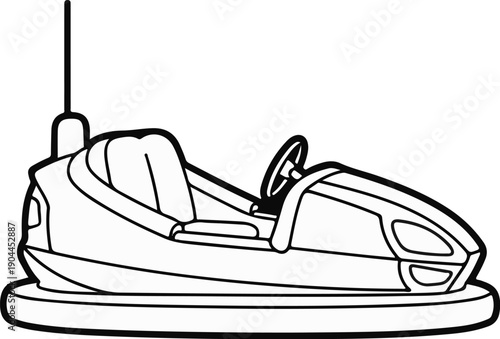 A simple black and white drawing of a bumper car with a steering wheel