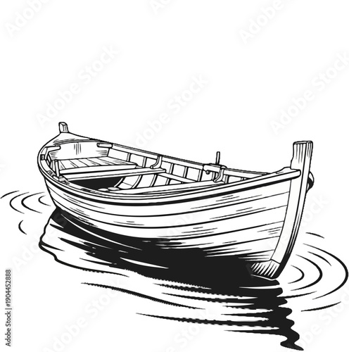 A simple wooden rowboat floats serenely on rippling water, casting a dark shadow