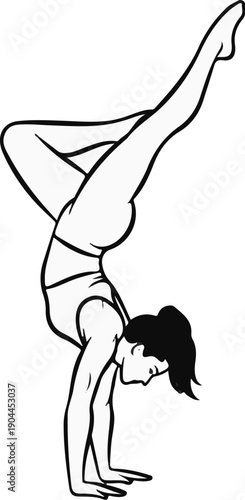 A gymnast gracefully performs a handstand with one leg extended upwards