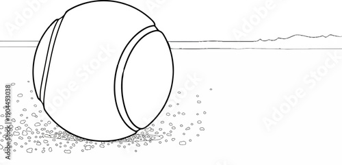 A large ball rolls on a gravelly surface with a wavy horizon line