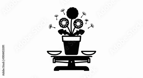 A potted dandelion plant with seeds flying on a balance scale