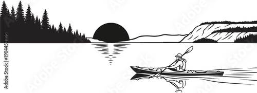 A person kayaking on calm water with a tree-lined shore and hills in the background