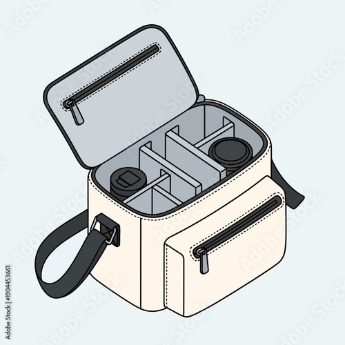 Illustration of a camera bag with compartments and accessories.