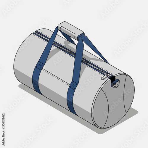 Gray cylindrical duffel bag with blue straps and zipper closure.