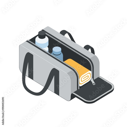 Gray bag with open zipper showing contents including bottles and towel.