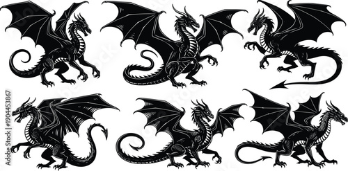 Mythical black dragon silhouette vector set, medieval fantasy flying creature collection, powerful monster animal icons, gothic dragon graphics for gaming and tattoo design
