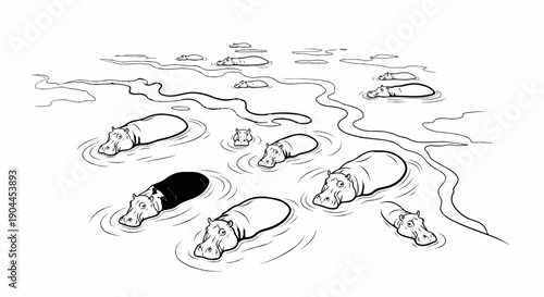 A group of hippos, one wearing a suit, relaxes in a body of water