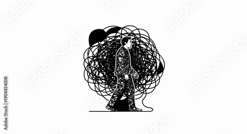 A man walks through a chaotic abstract entanglement of lines and shapes
