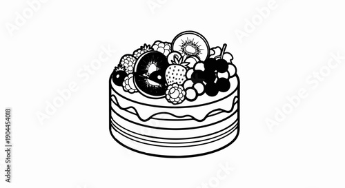 A layered cake adorned with a vibrant assortment of fresh fruits