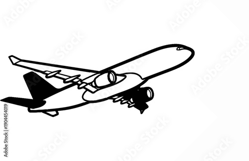 A simple black and white illustration of a jet airplane in mid-flight