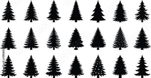 Pine tree silhouette vector illustration set, black evergreen conifer forest icons, isolated fir spruce nature graphics, outdoor mountain woodland design elements for landscaping.