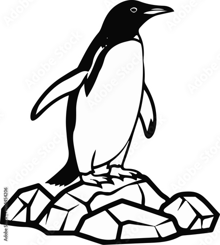 A simple black and white illustration of a penguin standing on rocks