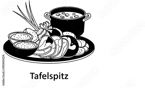 A plate with sliced meat, potatoes, dips, and a pot of soup