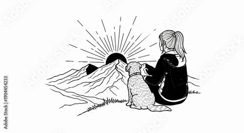 A person and their dog watch the sunrise over mountains