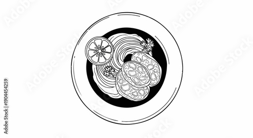 A plate with pasta, sliced lemon, and rounds of food