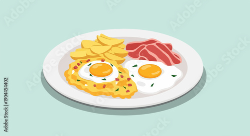 A plate of breakfast featuring scrambled eggs with chives, two fried eggs, crispy bacon