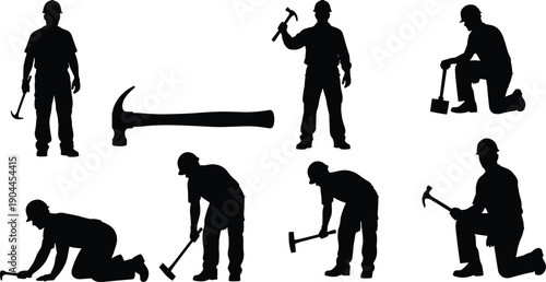 Professional construction worker silhouette set, male builder holding hammer vector illustration, industrial handyman working poses, contractor character icons for renovation and engineering projects