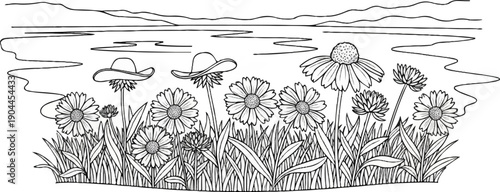 A meadow scene with daisies, hats, wavy water, and distant hills