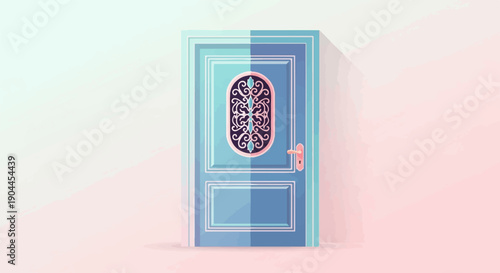 A light blue paneled door with ornate glass inserts and a pink handle