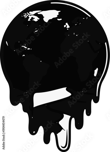 A melting, stylized representation of the Earth, dripping black liquid