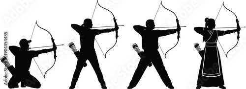 Archery archer silhouettes aiming bow and arrow, traditional warrior sport hunting concept, male female poses, black vector illustration set