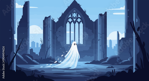 A pixelated ghost drifts through ancient ruins under a pale sky