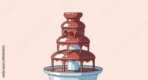 A pixelated chocolate fountain cascades rich brown liquid down tiered levels
