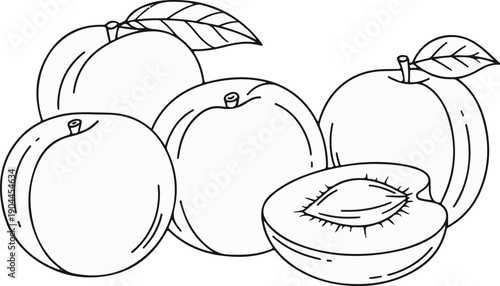 A line art drawing depicts five peaches, with one sliced in half revealing its seed