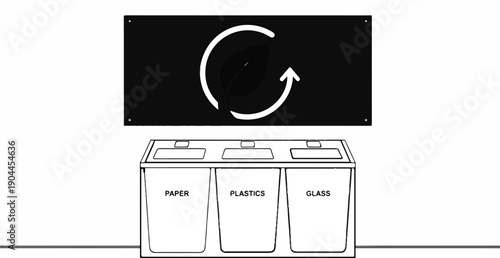 A graphic shows a recycling symbol above bins for paper, plastics, and glass