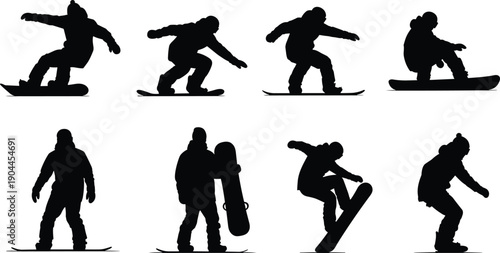 Professional snowboarder silhouette set, winter extreme sports athlete vector illustration, mountain snowboarding action poses, active person jumping and riding on snow icons,