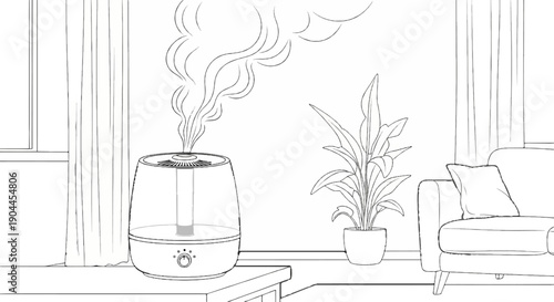 A line drawing depicts a humidifier releasing mist near a plant and sofa