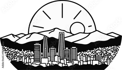 A graphic depiction of a city skyline against a mountainous backdrop with a sun rising above