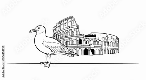 A line drawing features a seagull perched on a wire before the iconic Roman Colosseum