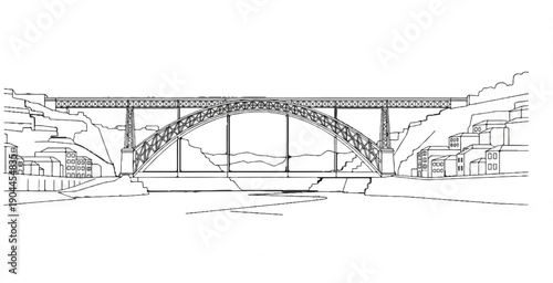 A grand metal arch bridge spans a river valley with tiered buildings