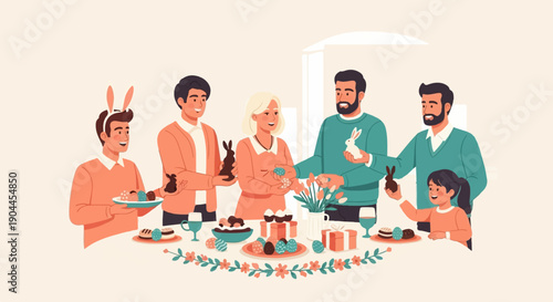 A multi-generational family enjoys an Easter gathering, sharing treats and decorations