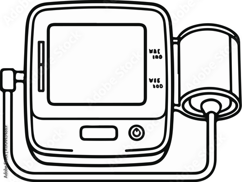 A line drawing of a digital blood pressure monitor with cuff