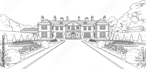 A grand mansion with a formal garden, manicured hedges, and trees