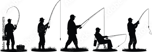 Professional fisherman silhouette set, male angler with fishing rod vector illustration, outdoor hobby sports activity, men fishing on grass bank icons,