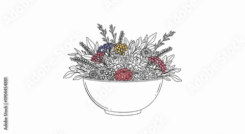 A line drawing of a bowl overflowing with various flowers and greenery