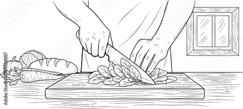 A pair of hands chop leafy greens on a wooden cutting board, with vegetables and bread nearby