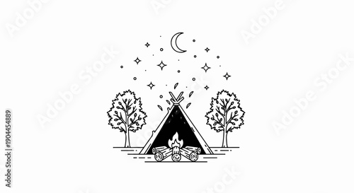 A nocturnal campsite scene with a teepee, campfire, and starry sky