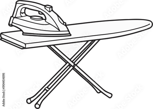 A line drawing of a modern iron resting on a folding ironing board