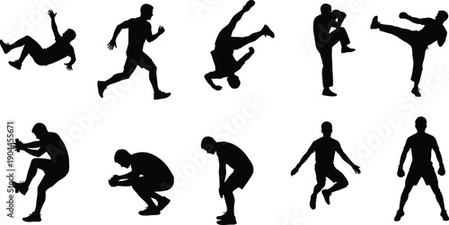 Set of athletic man silhouettes, male sportsman performing various actions like running, jumping, falling, and martial arts, vector illustration isolated on white background